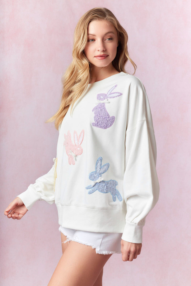 Peach Love Easter Bunny Tweed Embroidery Detail Sweatshirt