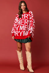 Peach Love Merry 3D Yarn Detail Pullover Sweater-Red/White