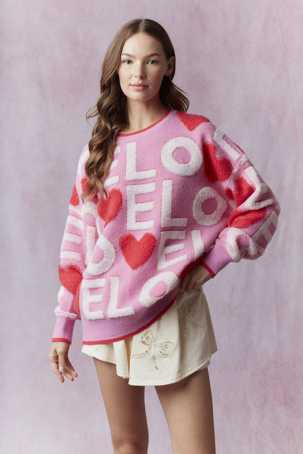 Peach Love   Love 3d Embroidery Valentine Loose Fit Sweater | Candy Pink