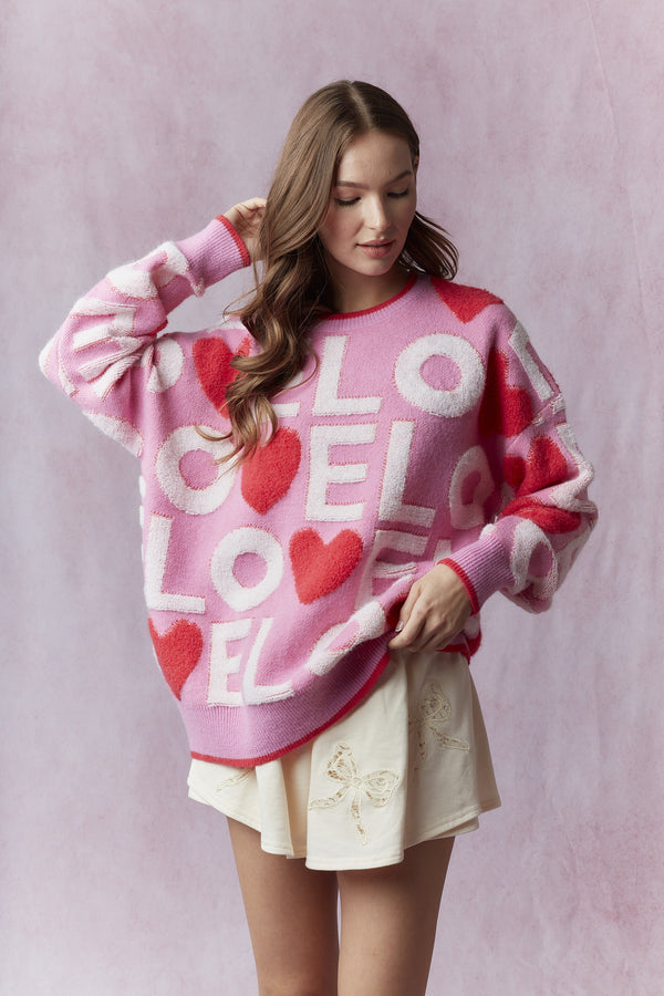 Peach Love   Love 3d Embroidery Valentine Loose Fit Sweater | Candy Pink