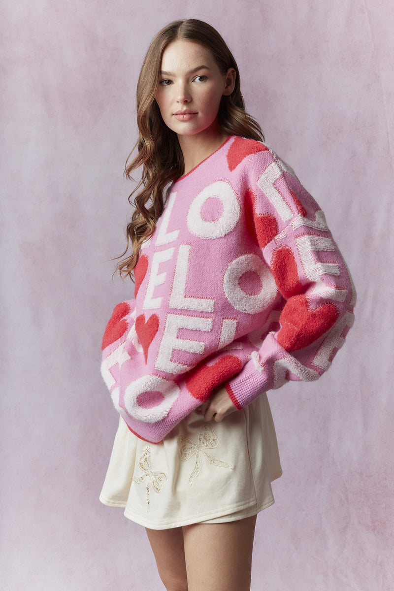 Peach Love   Love 3d Embroidery Valentine Loose Fit Sweater | Candy Pink