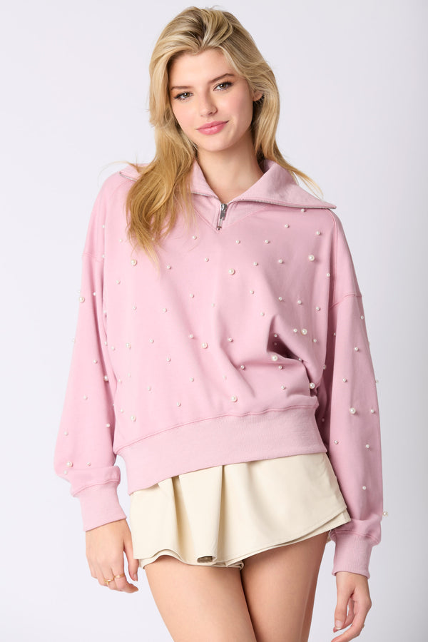 Fantastic Fawn Pearl Embellished Pullover Sweatshirt-Dusty Pink