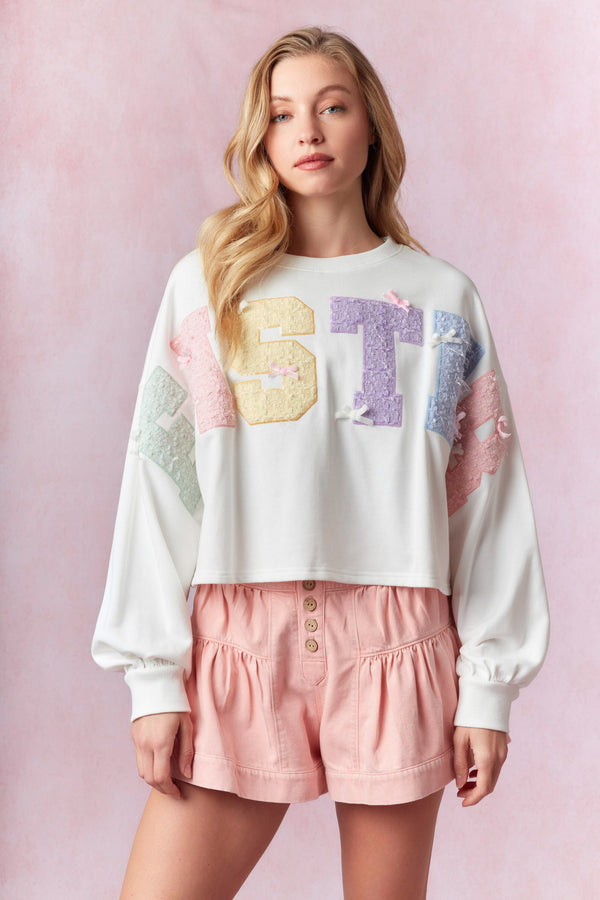 Peach Love 'Easter' Tweed Embroidery Detail Criooed Sweatshirt