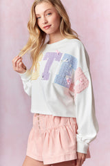 Peach Love 'Easter' Tweed Embroidery Detail Criooed Sweatshirt