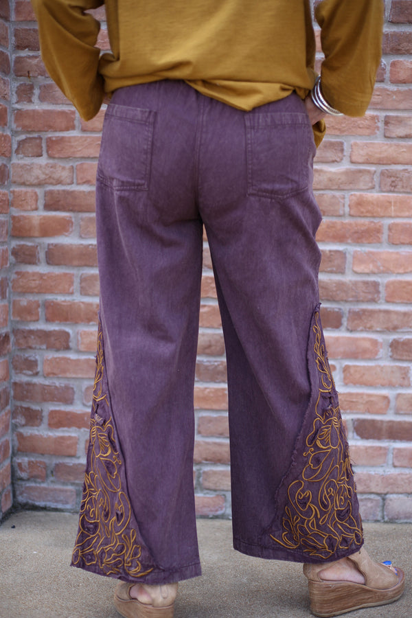 Paper Lace Denim Pant with Cutwork-Brown/Plum