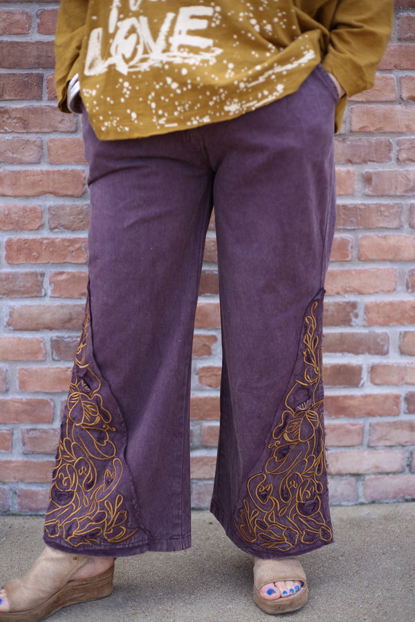 Paper Lace Denim Pant with Cutwork-Brown/Plum