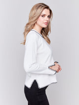 Charlie B Crew-Neck Plushy Sweater with Whipstitch Details-Cream