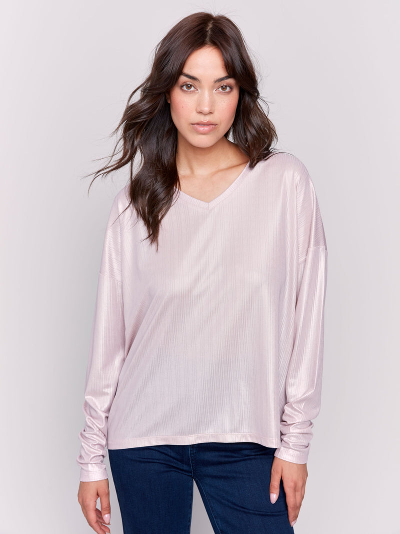 Charlie B Foiled Rib Jersey V-neck Knit Top-Quartz