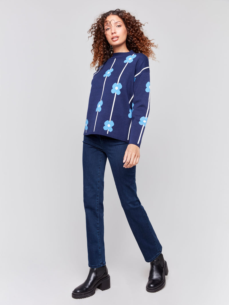 Charlie B Floral Jacquard Plushy Knit Printed Sweater -Navy