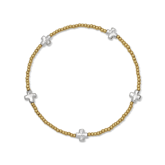 Waxing Poetic Life in Balance Cross Mini Ball Stretch Bracelet Gold Plated Brass & Sterling Silver
