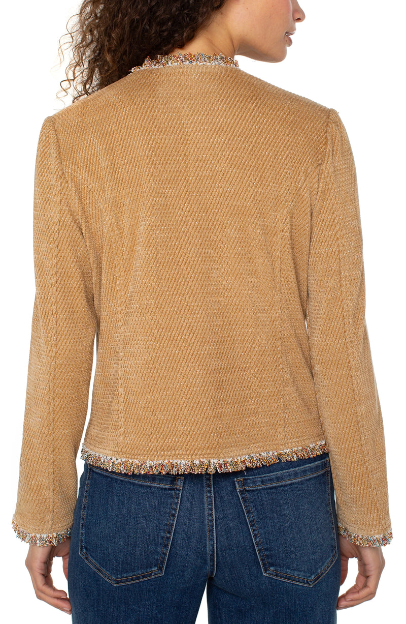 Liverpool Collarless Jacket with frayed Edges | Honey