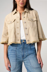 Liverpool 3/4 Sleeve Frayed Flounce Jacket| Light Khaki
