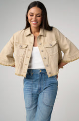 Liverpool 3/4 Sleeve Frayed Flounce Jacket| Light Khaki