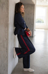 Liverpool Wide Leg Pleated Trouser with Side Stripe | Deep Midnight Stripe