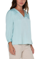Liverpool V-Neck Popover Woven Blouse Pastel Turquoise
