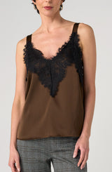 Liverpool Sleeveless Woven Top with Lace | Deep Espresso Black