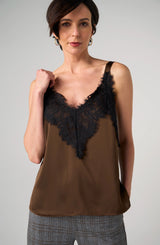 Liverpool Sleeveless Woven Top with Lace | Deep Espresso Black