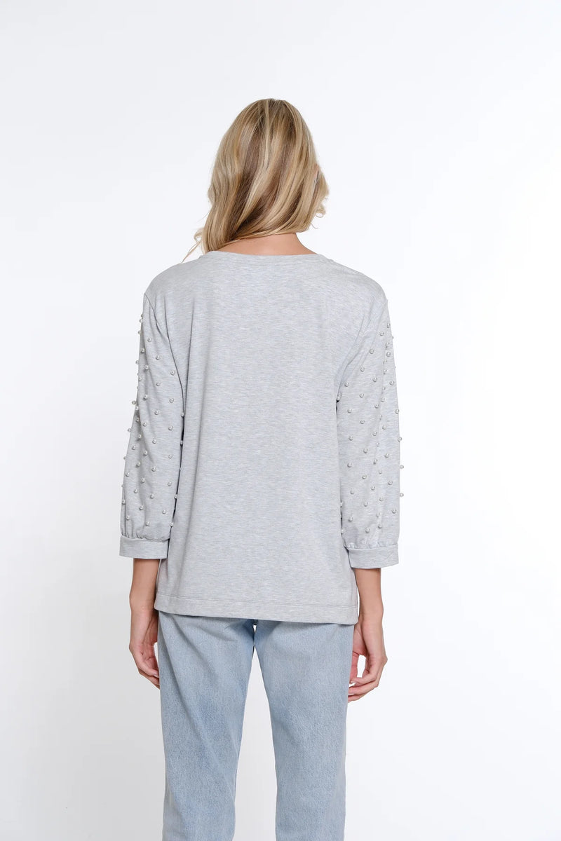 Multiples Pearl Embellished Terry Knit Top | Sky Grey