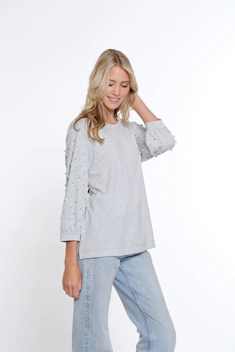 Multiples Pearl Embellished Terry Knit Top | Sky Grey