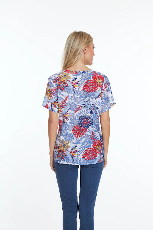 Multiples Short Sleeve Band Collar Woven Top-Tropical Multi