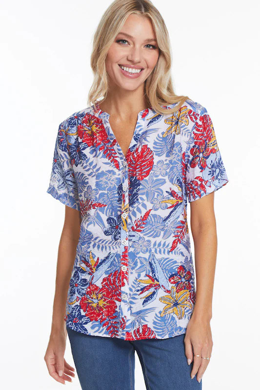 Multiples Short Sleeve Band Collar Woven Top-Tropical Multi