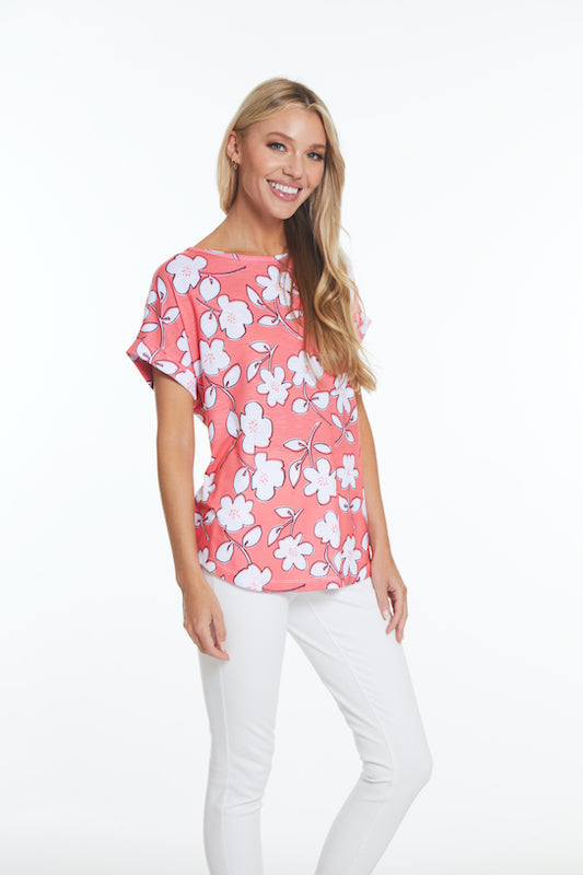 Multiples Cuffed Short Sleeve Knit Top-Floral Multi