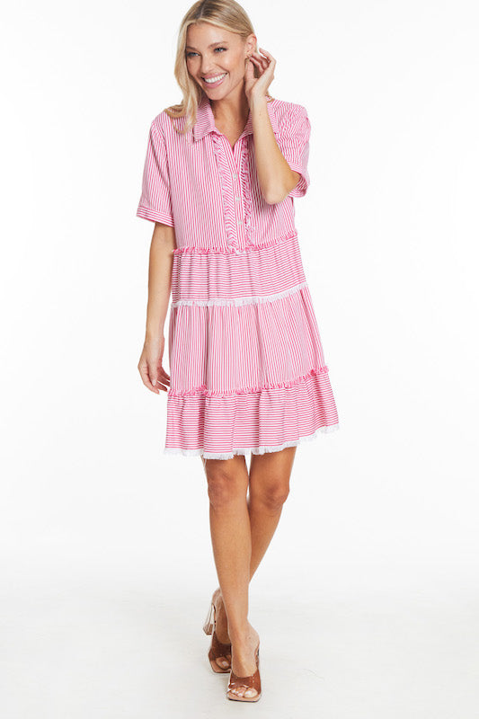 Multiples Cuffed Short Sleeve Woven Dress-Bright Pink