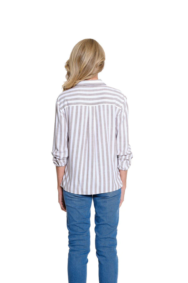 Multiples Striped Linen-Blend Roll-Tab Sleeve Shirt   | Stone