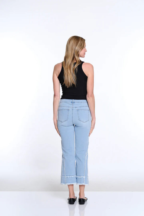 Multiples Slimsation® Flare Leg Crop Pant with Fringed Trim | Light Indigo