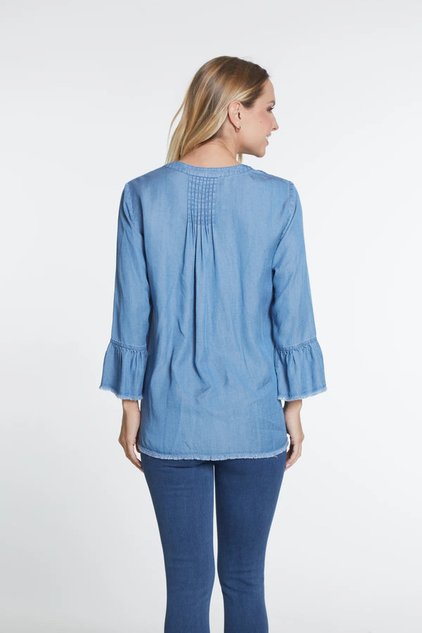 Multiplies Woven Top with Embroidered Trim Top-Indigo