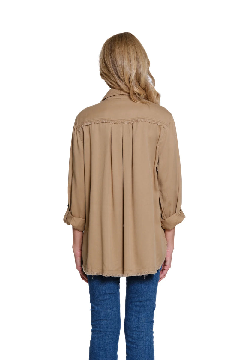 Multiples Solid Twill Shirt with Fringe Detail | Tan