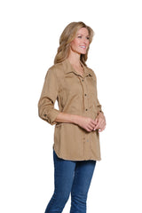 Multiples Solid Twill Shirt with Fringe Detail | Tan