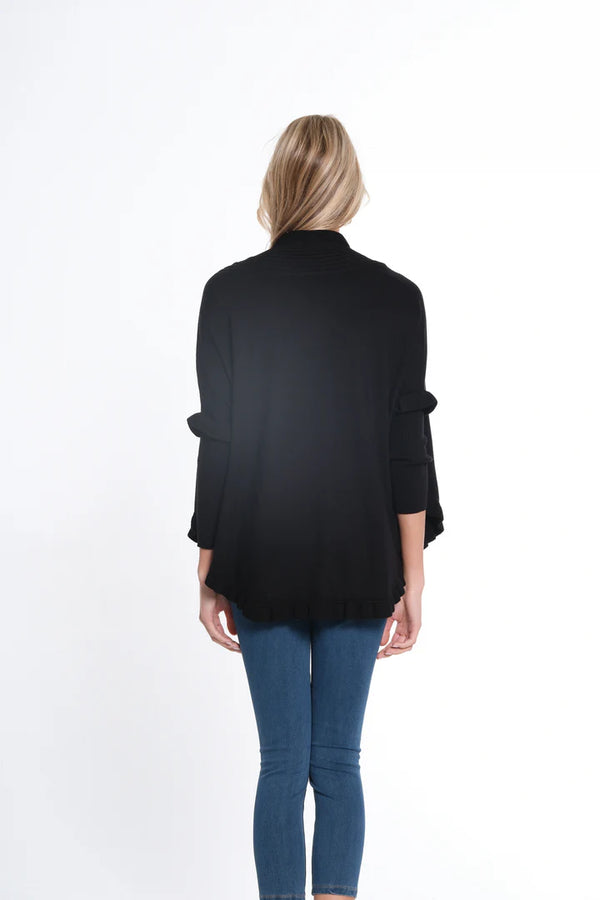 Multiples 3/4 Sleeve Ruffle Hem Shawl Collar Sweater Cardigan - Black