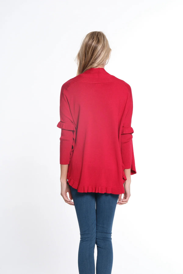 Multiples 3/4 Sleeve Ruffle Hem Shawl Collar Sweater Cardigan - Vivid Red