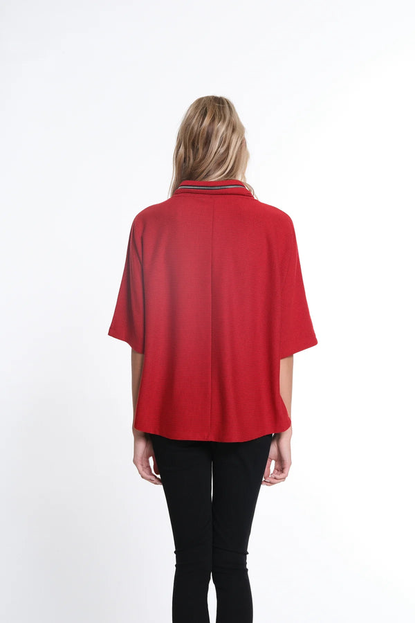 Multiples Elbow Dolman Sleeve Zip Cowl Collar Hi-Lo Top - Vivid Red