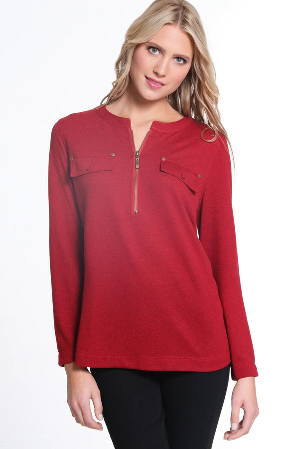 Multiples Band Collar Zip Front Top-Vivid Red