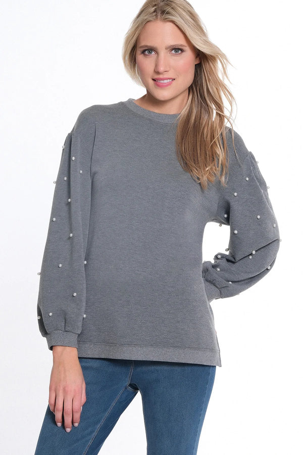 Multiples Cuffed Long Sleeve Crew Neck Top w/ Pearl Embellishment - Dark Platinum