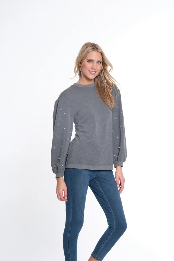 Multiples Cuffed Long Sleeve Crew Neck Top w/ Pearl Embellishment - Dark Platinum