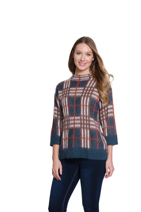 Multiples 3/4 Sleeve Plaid Mock Neck Sweater - Rich Teal