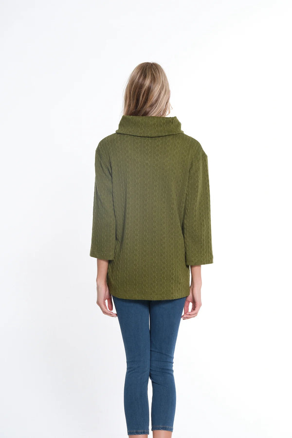 Multiples Hi-Lo Cowl Collar Cable Knit Top - Basil