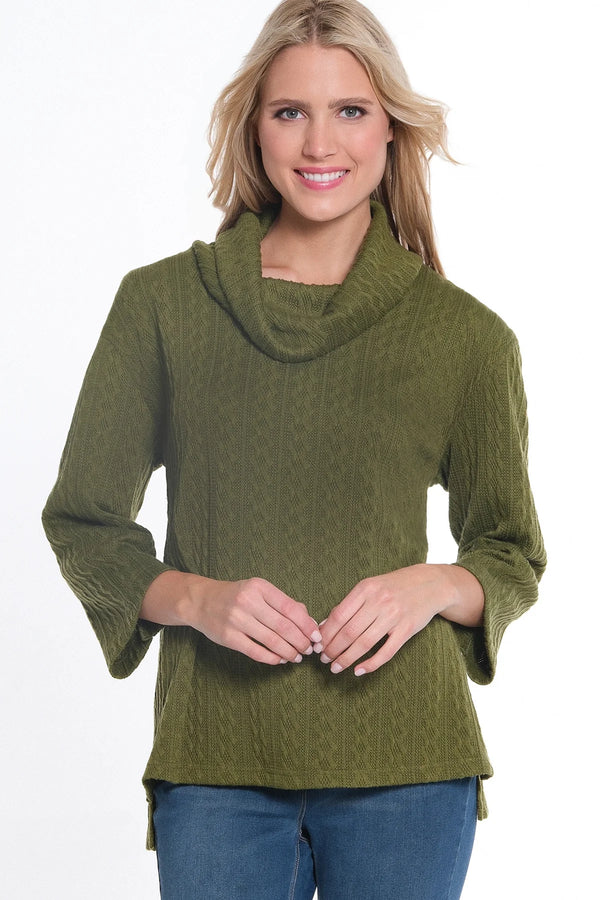 Multiples Hi-Lo Cowl Collar Cable Knit Top - Basil