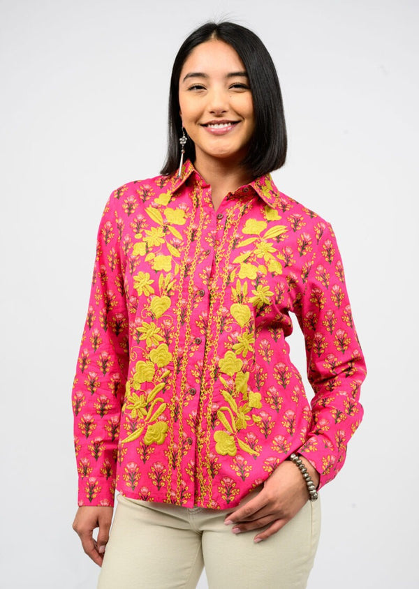 Ivy Jane Maricela Embroidered Button Up Top | Hot Pink