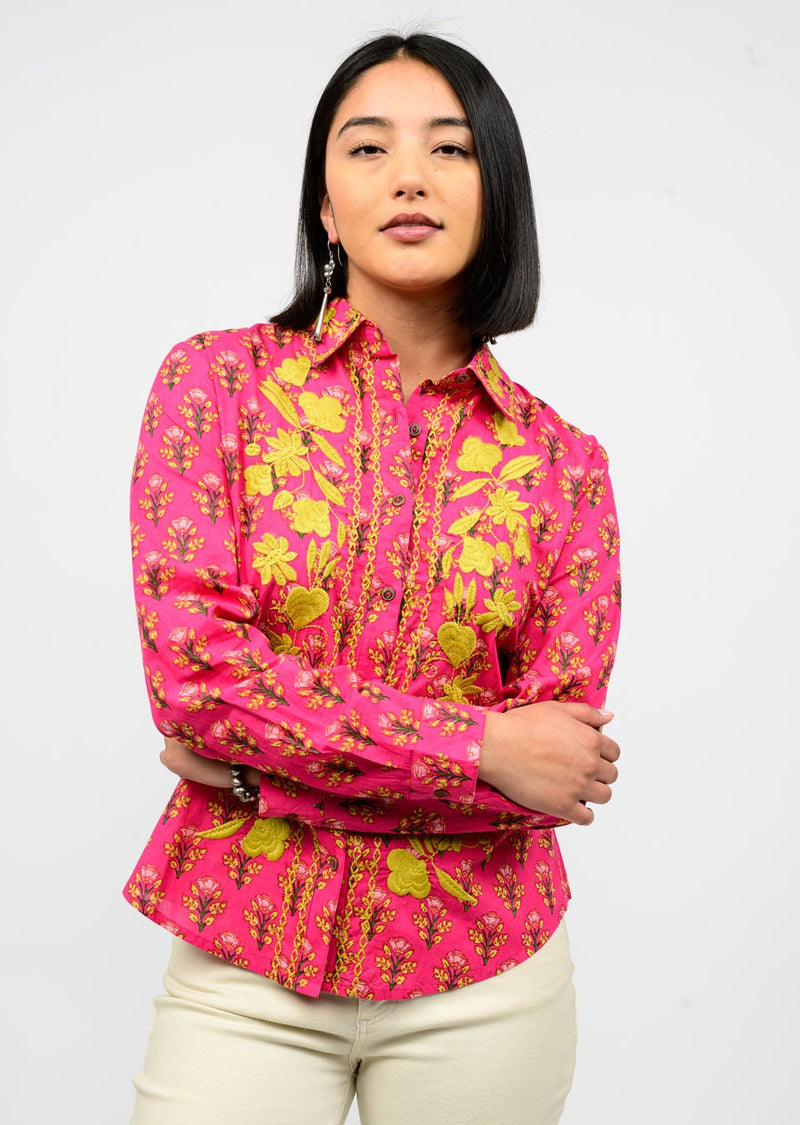Ivy Jane Maricela Embroidered Button Up Top | Hot Pink