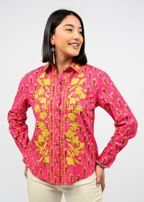 Ivy Jane Maricela Embroidered Button Up Top | Hot Pink