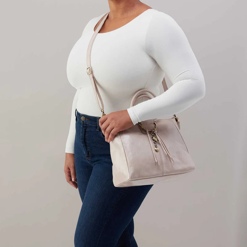 HOBO Sheila Medium Satchel in Aniline Gloss Leather | Stone Gloss