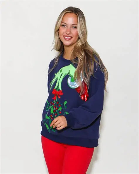 Queen Of Sparkles Navy Grinch Mistletoe Hand Sweatshirt