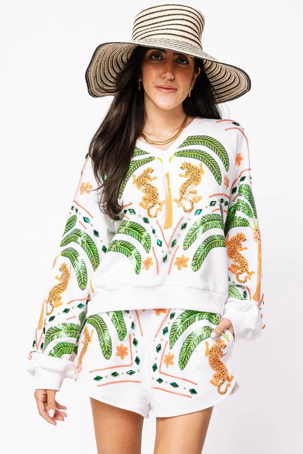 Queen Of Sparkles White Palm Tree & Jaguar V Neck Sweatshirt