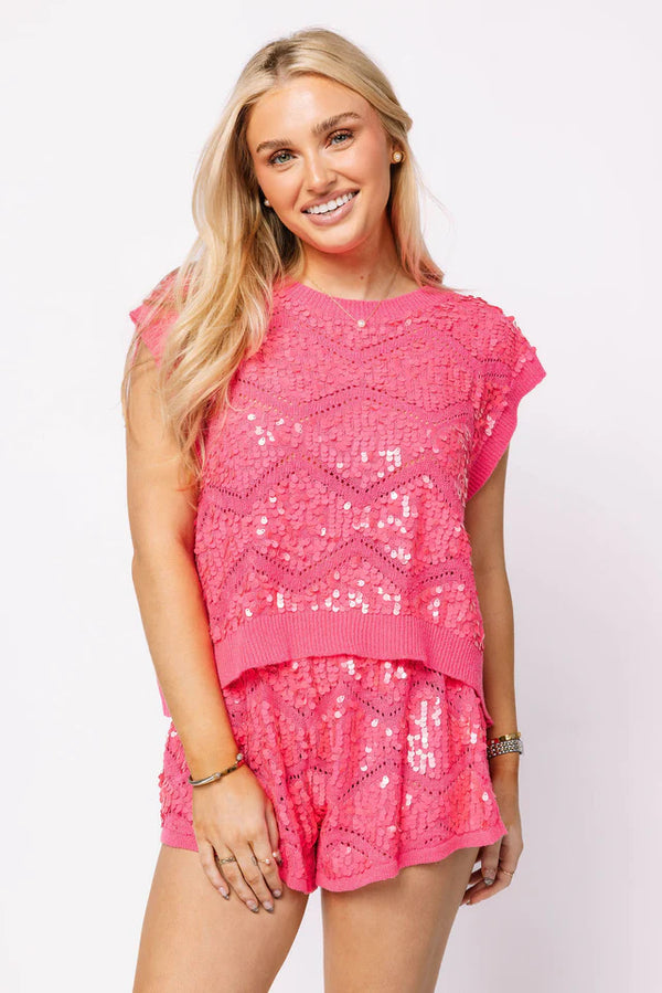 Queen Of Sparkles Full Sequin Zig Zag Sweater Tank | Neon Pink