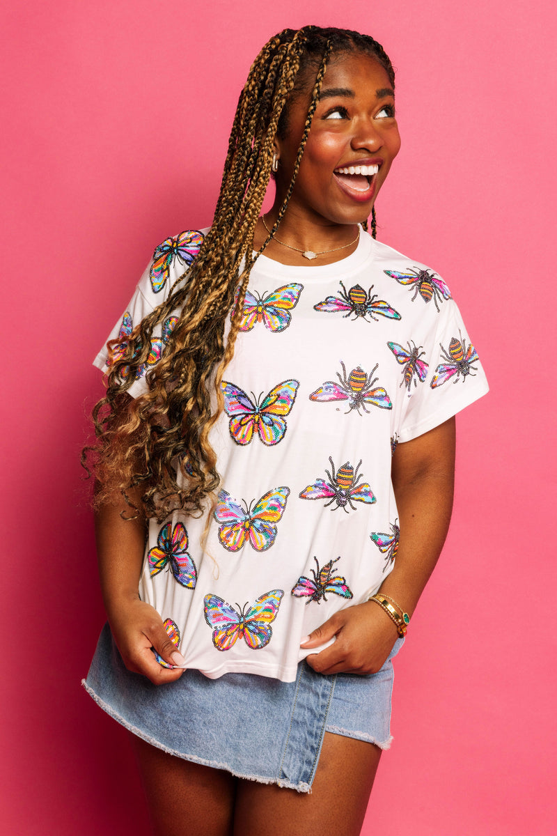 Queen Of Sparkles White Rainbow Butterfly & Bee Tee