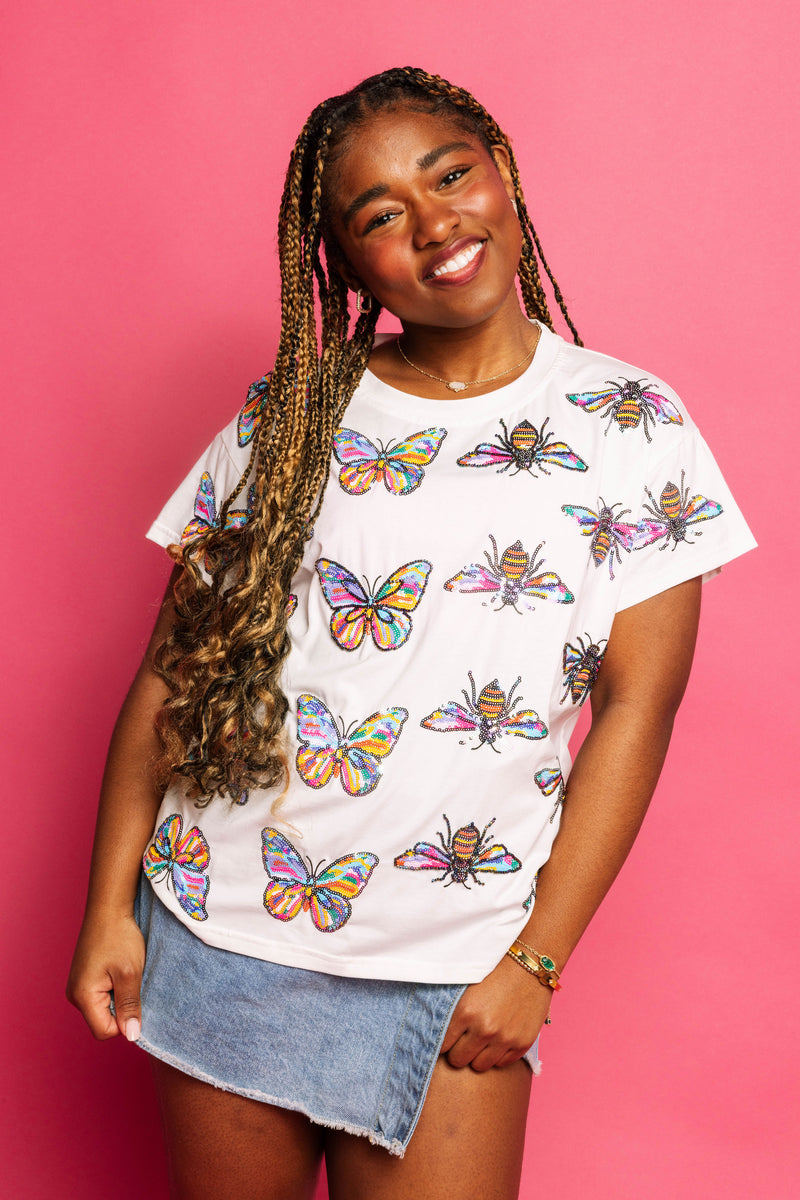 Queen Of Sparkles White Rainbow Butterfly & Bee Tee